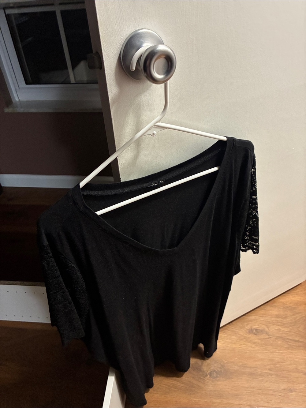 Black Women's Scoop Neck Top with Lace Sleeves